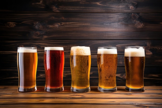 Quatro copos de cerveja em fundo de madeira