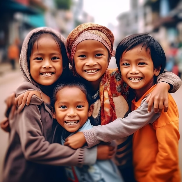Quatro crianças se abraçando no Dia Internacional das Crianças