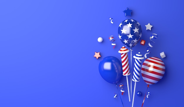 Quatro de julho, dia da independência dos EUA, com fita de confete de fogos de artifício de balão