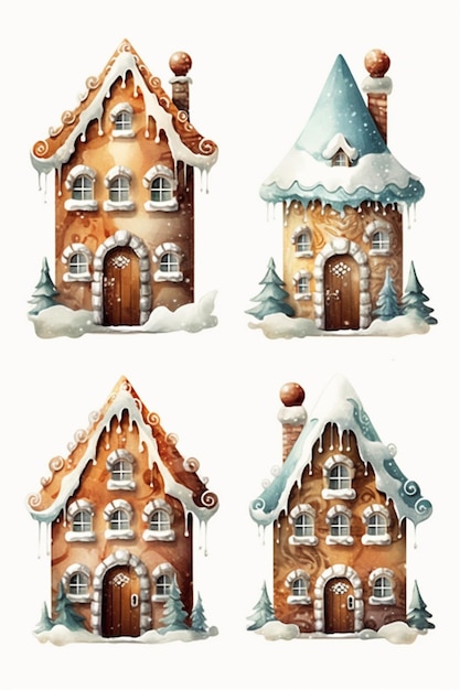 quatro estilos diferentes de casas de pão de gengibre com neve sobre eles ai generativo
