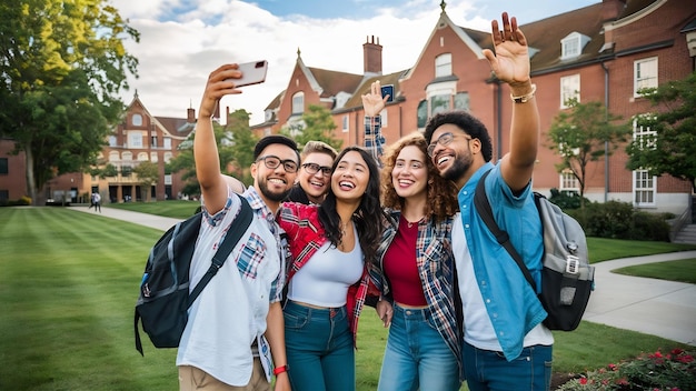 Quatro estudantes fazem selfie perto do campus da universidade