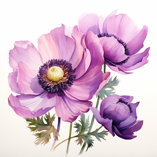 Quatro flores aquareladas, incluindo uma papoula, são exibidas nesta natureza morta meticulosamente detalhada. As flores são pintadas em um estilo de arte anamórfico realista, com cores ousadas, como roxo escuro e roxo.