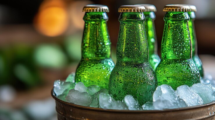 Quatro garrafas de cerveja verde num balde de gelo.