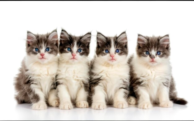 Foto quatro gatinhos de ragdoll isolados em fundo branco com copyspace