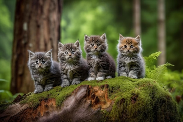 Quatro gatinhos sentam-se em um toco de árvore em uma floresta.