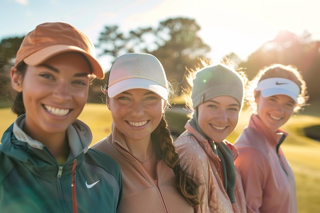 Foto quatro golfistas em um retrato no campo de golfe ia generativa