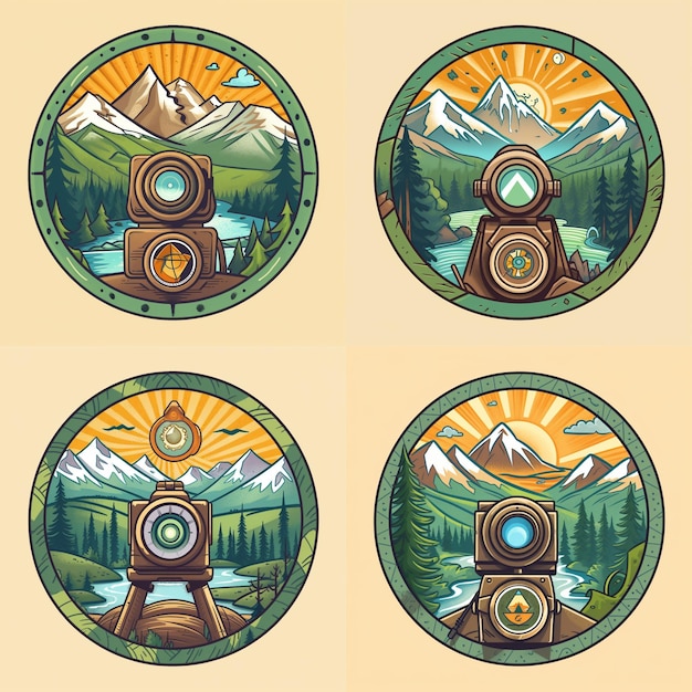 Quatro ilustrações de um trem e montanhas com um pôr do sol ao fundo.