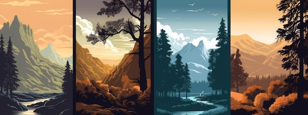 Quatro imagens de paisagens com montanhas IA gerativa