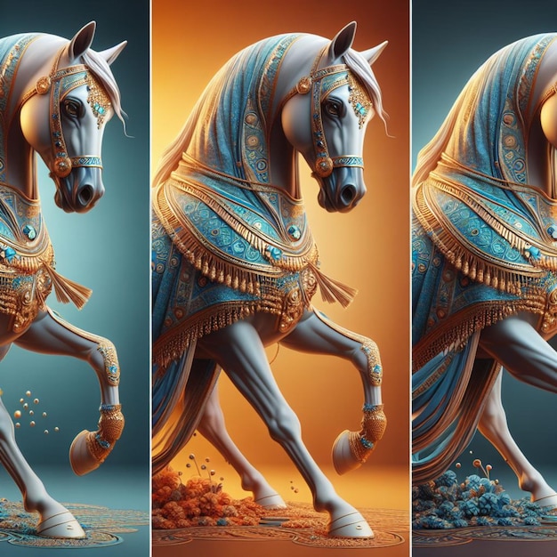 quatro imagens de um cavalo com um fundo azul e dourado