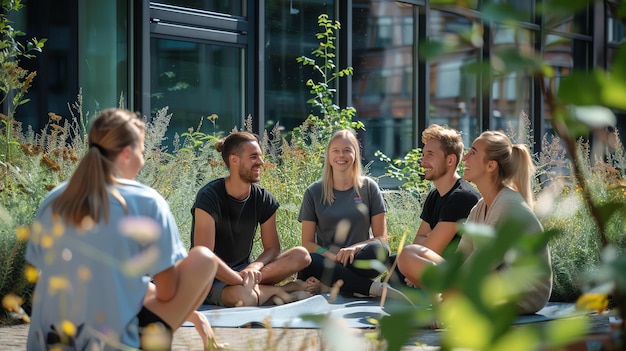 Quatro jovens amigos estão sentados em um tapete de ioga e falando todos estão sorrindo e parecendo felizes estão cercados de plantas e flores