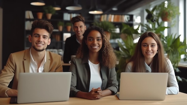 Foto quatro jovens empresários multirraciais em roupas de negócios sorrindo enquanto trabalhavam em laptops na mesa no escritório