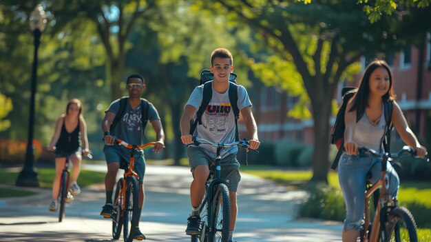 Foto quatro jovens montam suas bicicletas em uma trilha arborizada em um campus universitário