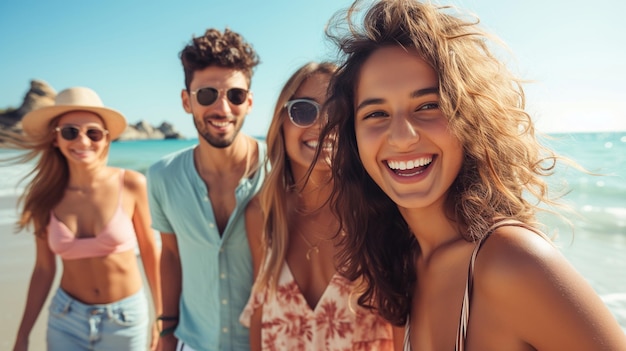 Quatro jovens sorridente na praia