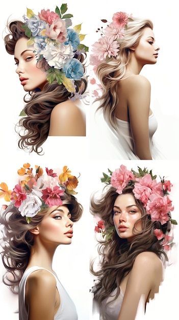 Quatro lindas mulheres com flores no cabelo
