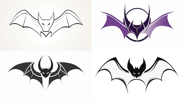 Quatro logotipos de morcego com designs diferentes, incluindo um com um morcego na frente.