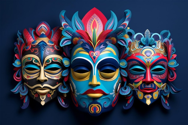 Quatro máscaras com cores e desenhos diferentes são exibidas em um fundo azul.