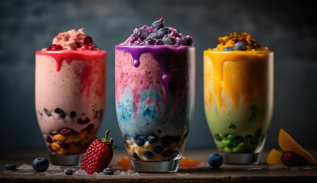 Quatro milk-shakes com sabores diferentes estão sobre uma mesa.