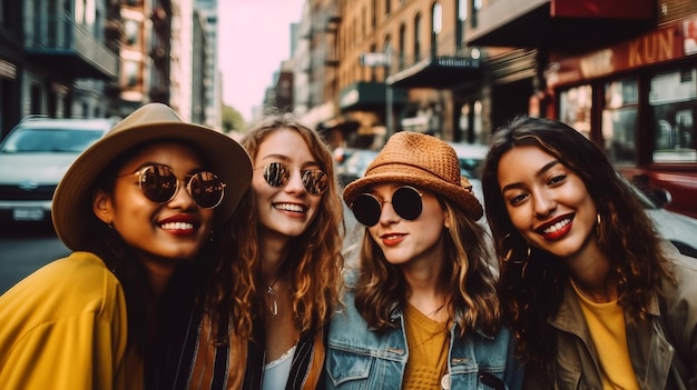 Quatro mulheres estão em pé em uma rua com uma cidade ao fundo.