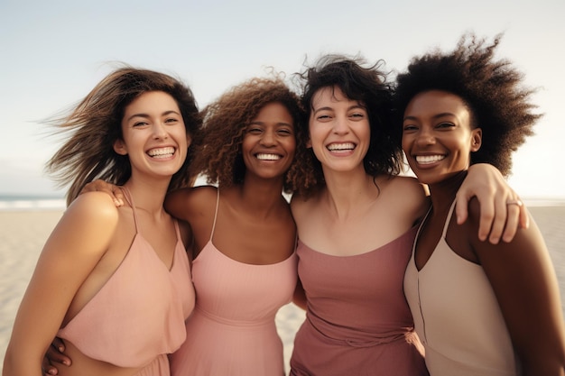 Quatro mulheres felizes na praia no estilo de curvas ousadas