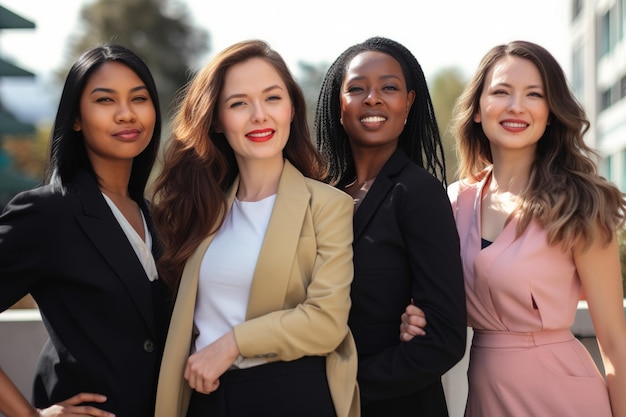 Quatro mulheres juntas, uma das quais diz 'mulheres'