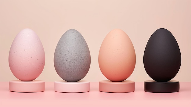 Quatro ovos coloridos em superfície rosa em fotografia de natureza morta
