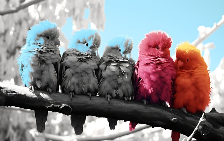 Foto quatro pássaros coloridos e fofinhos