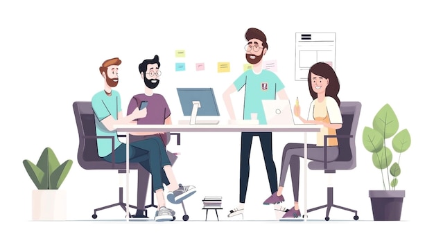 Quatro personagens animados envolvidos em uma reunião de escritório colaborativa em um espaço de trabalho moderno