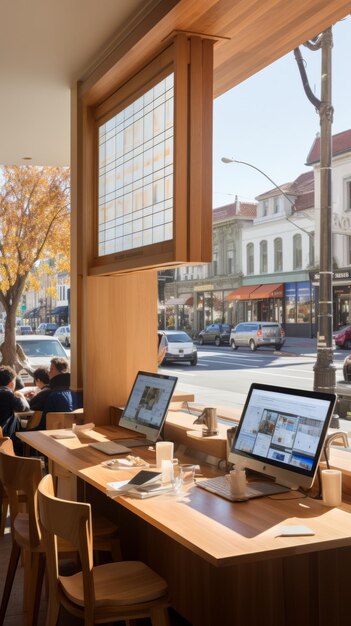 Quatro pessoas a usar computadores num café.