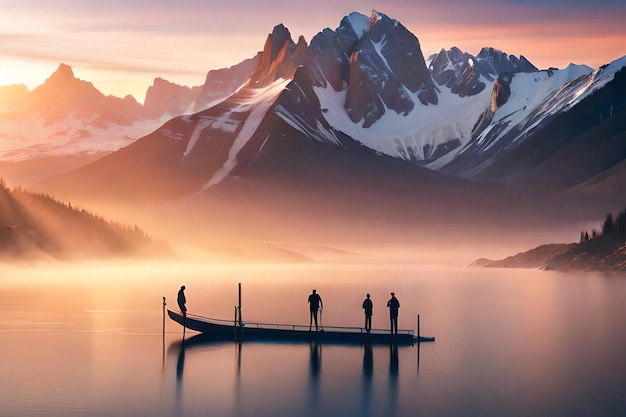 Quatro pessoas em um barco em frente a montanhas