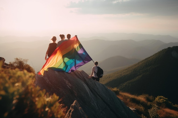 Quatro pessoas estão em uma montanha segurando uma bandeira de arco-íris.