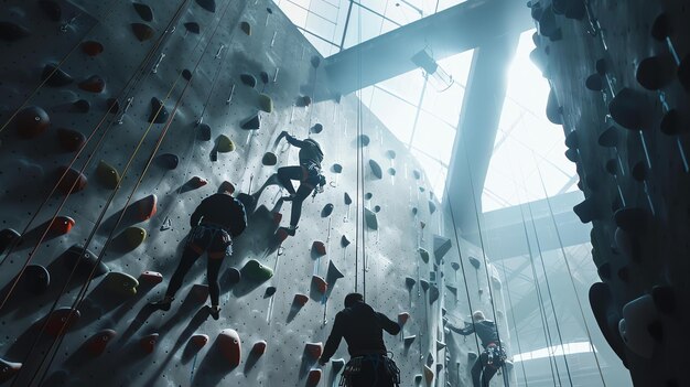 Quatro pessoas estão escalando em uma parede de escalada coberta. Os alpinistas estão usando arnês de segurança e estão amarrados a cordas.