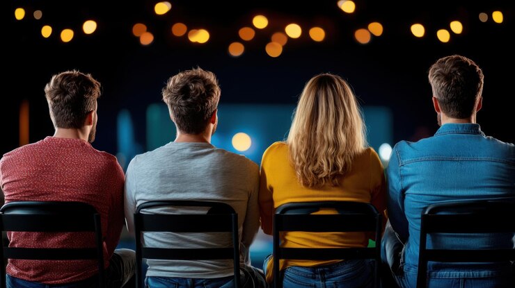 Quatro pessoas sentadas ao ar livre assistindo a um filme em uma tela à noite com luzes de corda acima criando um ambiente aconchegante