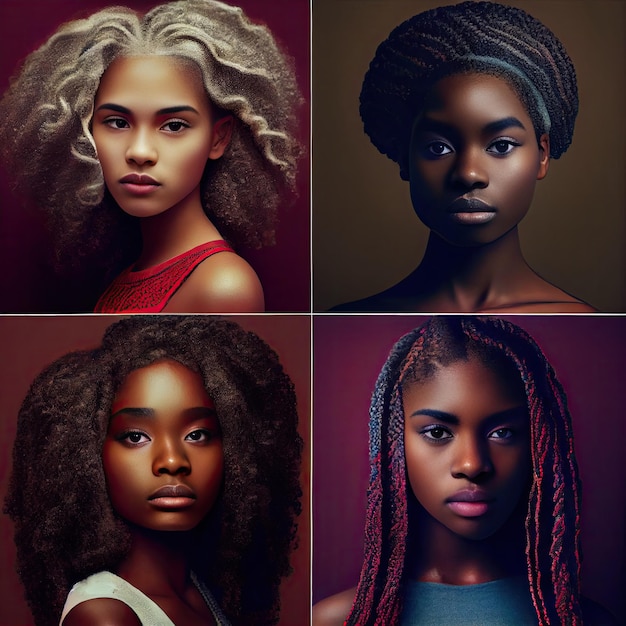 Quatro retratos de uma mulher com penteados africanos