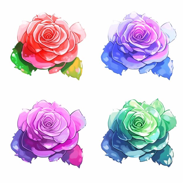 quatro rosas de cores diferentes com folhas em um fundo branco ai generativo