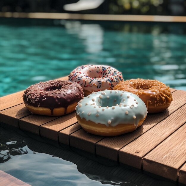 Quatro rosquinhas estão em uma doca de madeira ao lado de uma piscina.