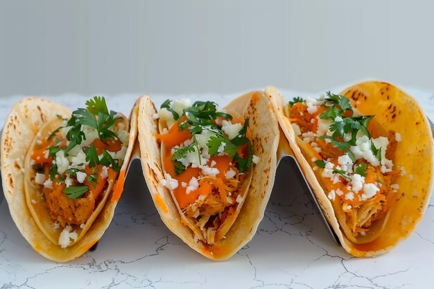 Quatro tacos mexicanos cobertos de salsa em um prato foto de comida mexicana colorida