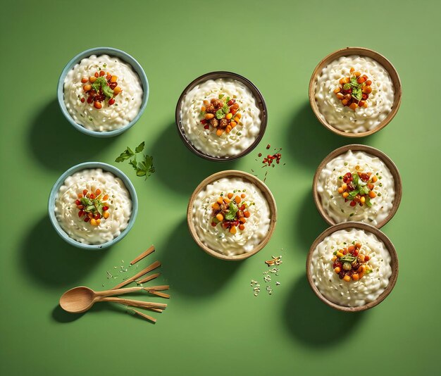 Foto quatro tigelas de arroz com a palavra arroz do lado