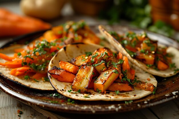 Quatro Tostadas num prato com cenouras e batatas