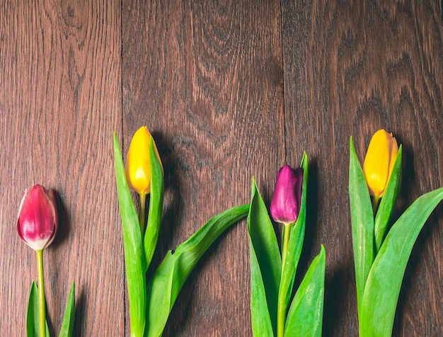 Quatro tulipas vermelhas e amarelas repousam sobre uma mesa de madeira