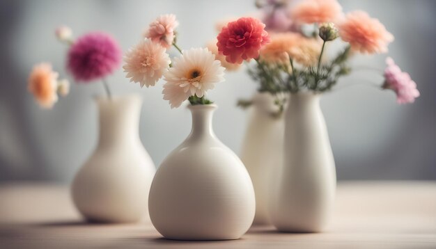 quatro vasos brancos com flores neles um dos quais tem o número 3 nele