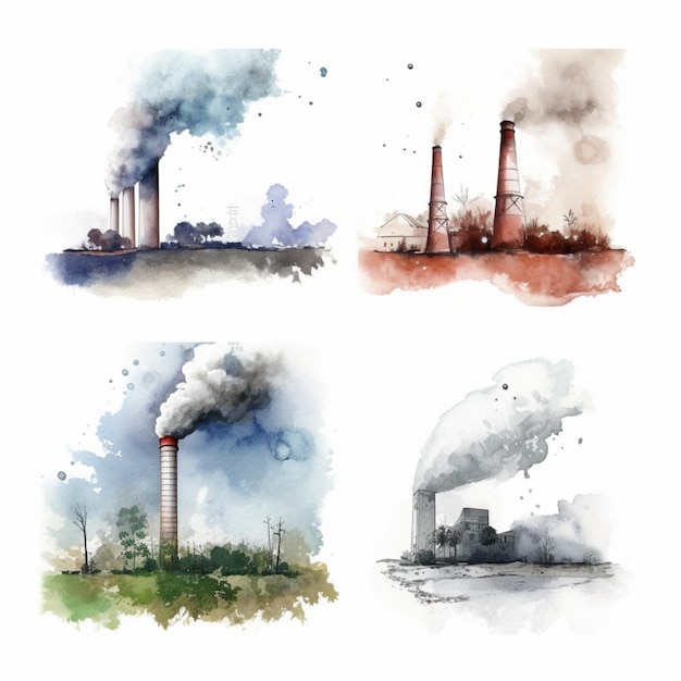 Quatro visões diferentes de uma fábrica com fumaça saindo dela generative ai