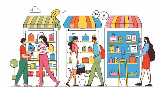 Aquellos que hacen compras móviles delante de teléfonos enormes diseño plano de ilustración moderna