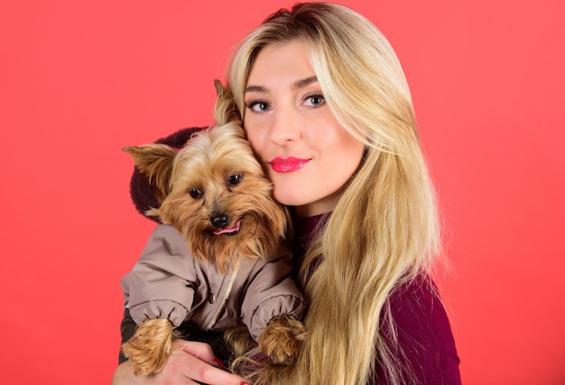 Qué razas de perros deben usar abrigos. Vestir al perro para el clima frío. Asegúrese de que el perro se sienta cómodo con la ropa. Ropa y complementos. Chica abrazo perrito en abrigo. Mujer llevar yorkshire terrier.