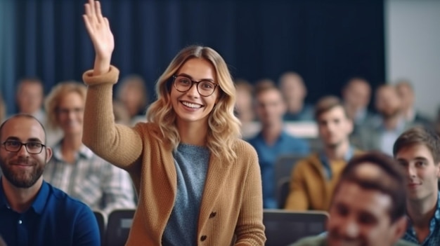 Aquellos que tienen consultas Frente a la audiencia durante un taller personal, una oradora feliz y apasionada sonríe mientras cuenta a los miembros de la audiencia que levantan la mano La IA generativa