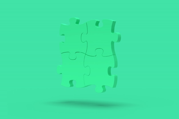Quebra-cabeça azul sobre um fundo verde. Imagem abstrata. Negócio de problema de conceito mínimo. 3D render.