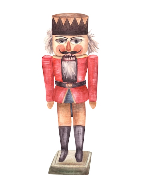 Quebra-nozes vintage brinquedo de madeira soldado tradição alemã árvore de Natal brinquedo retro aquarela mão