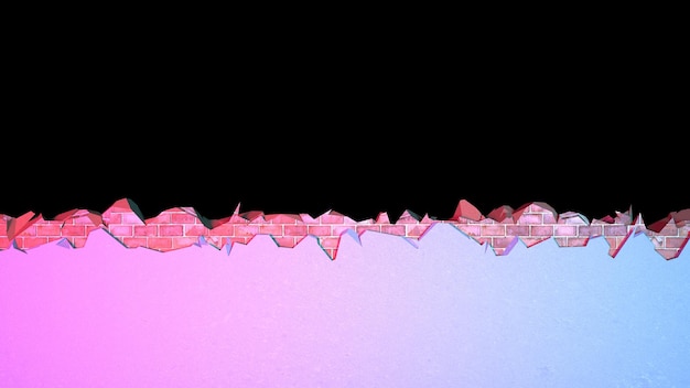 Quebre uma parede de tijolos coberta com gesso horizontalmente em iluminação neon, ilustração 3d