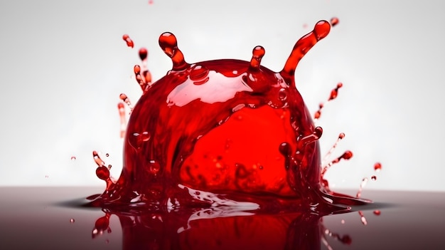 Queda de líquido espesso e transparente vermelho e salpicos na superfície isolados em fundo branco
