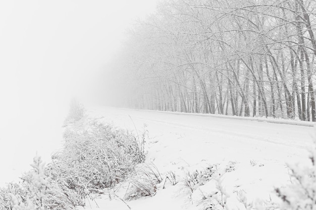 Queda de neve da estrada de inverno. Uma estrada rural vazia sem carros, coberta de neve. Viagem