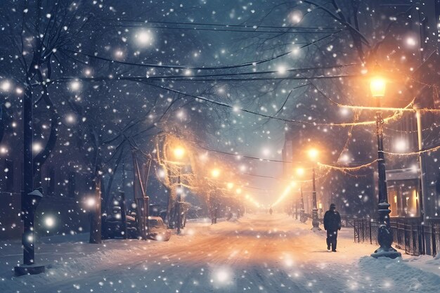 queda de neve de inverno à noite e estradas com luz